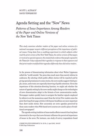 Agenda Setting and the “New” News Patterns of Issue Importance Among Readers of the Paper and Online Versions of the New York Times